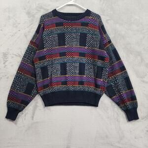 Vintage Michael Gerald Sweater Mens M Blue Geometric Knit Pullover Crew Neck